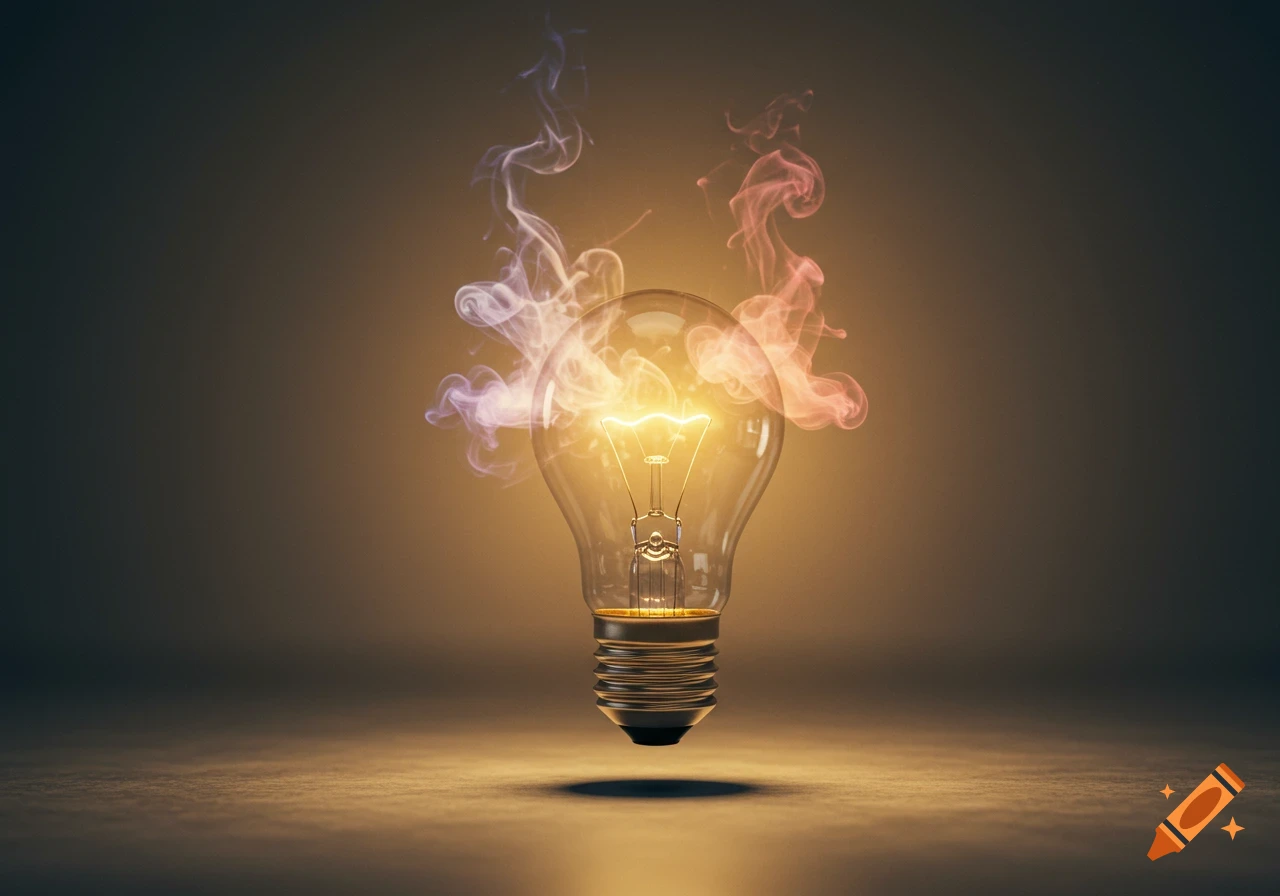 A glowing light bulb floats above a surface, with colorful smoke rising from it, representing a fresh idea.