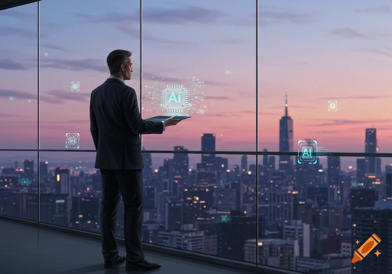 Businessman in a suit holding a tablet with an AI chip hologram, looking at a city skyline at sunset from a high-rise office.