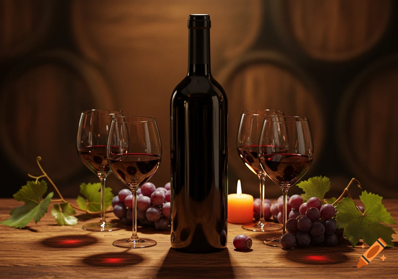A dark bottle of red wine stands on a wooden table, flanked by four glasses of red wine, bunches of grapes, and a lit candle. Wine barrels are blurred in the background.