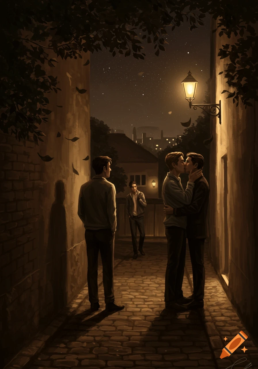 Two men kiss in a dimly lit alley at night, while a third man watches, in a dramatic digital art style.