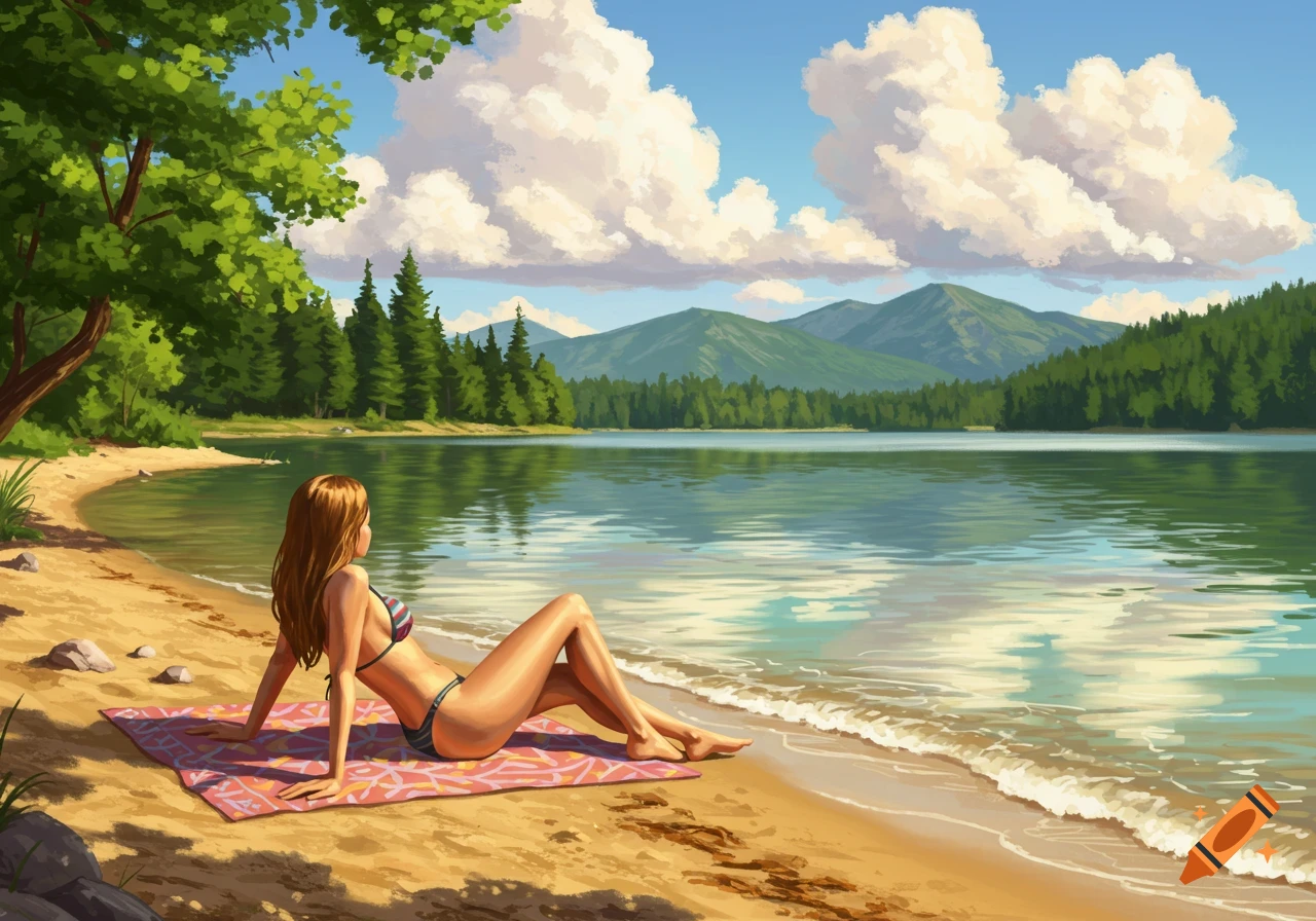 A woman in a bikini lounges on a pink towel on a sandy beach next to a calm lake with mountains and forests in the background, in a digital painting style.