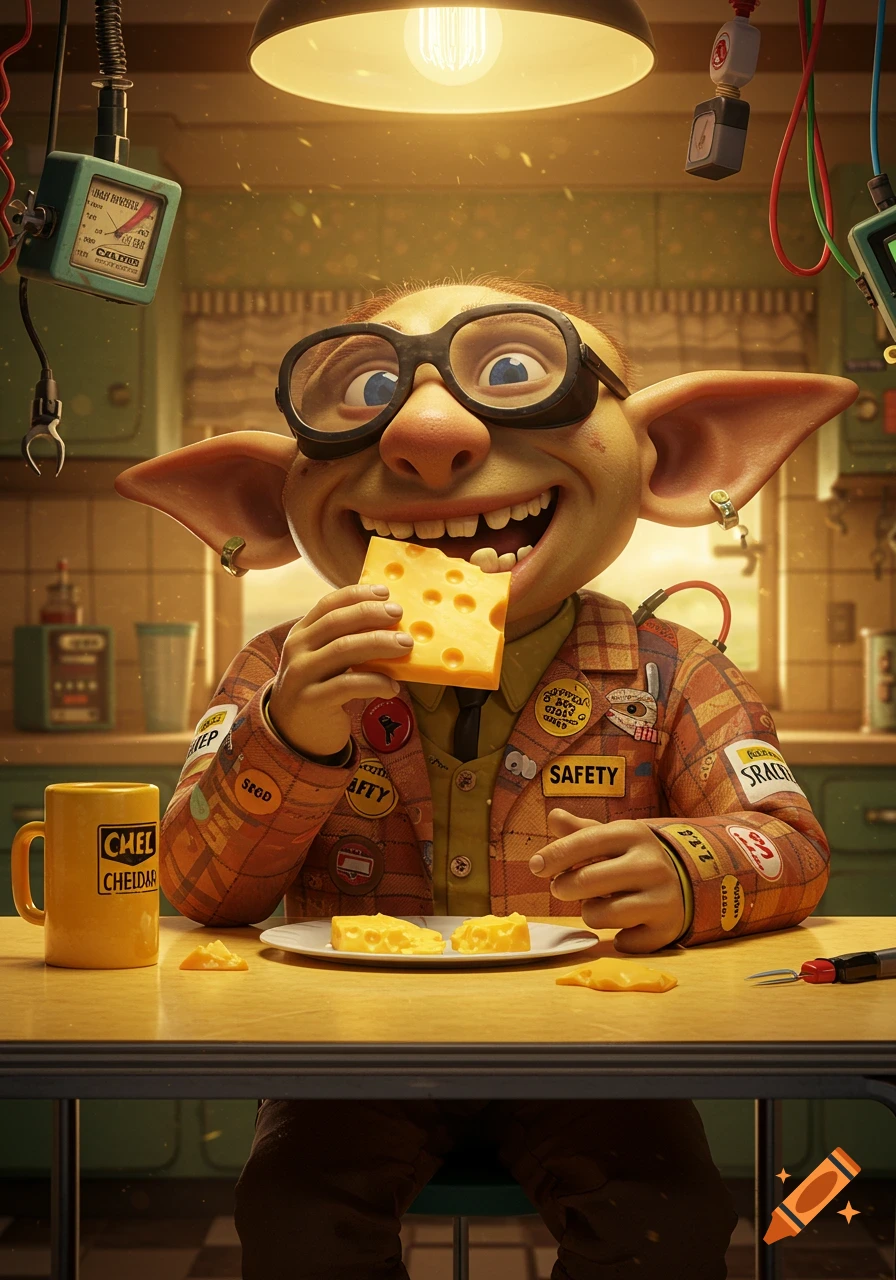 A smiling, big-eared goblin-like creature with glasses sits at a table, happily eating a large piece of swiss cheese in a detailed, cartoonish style.