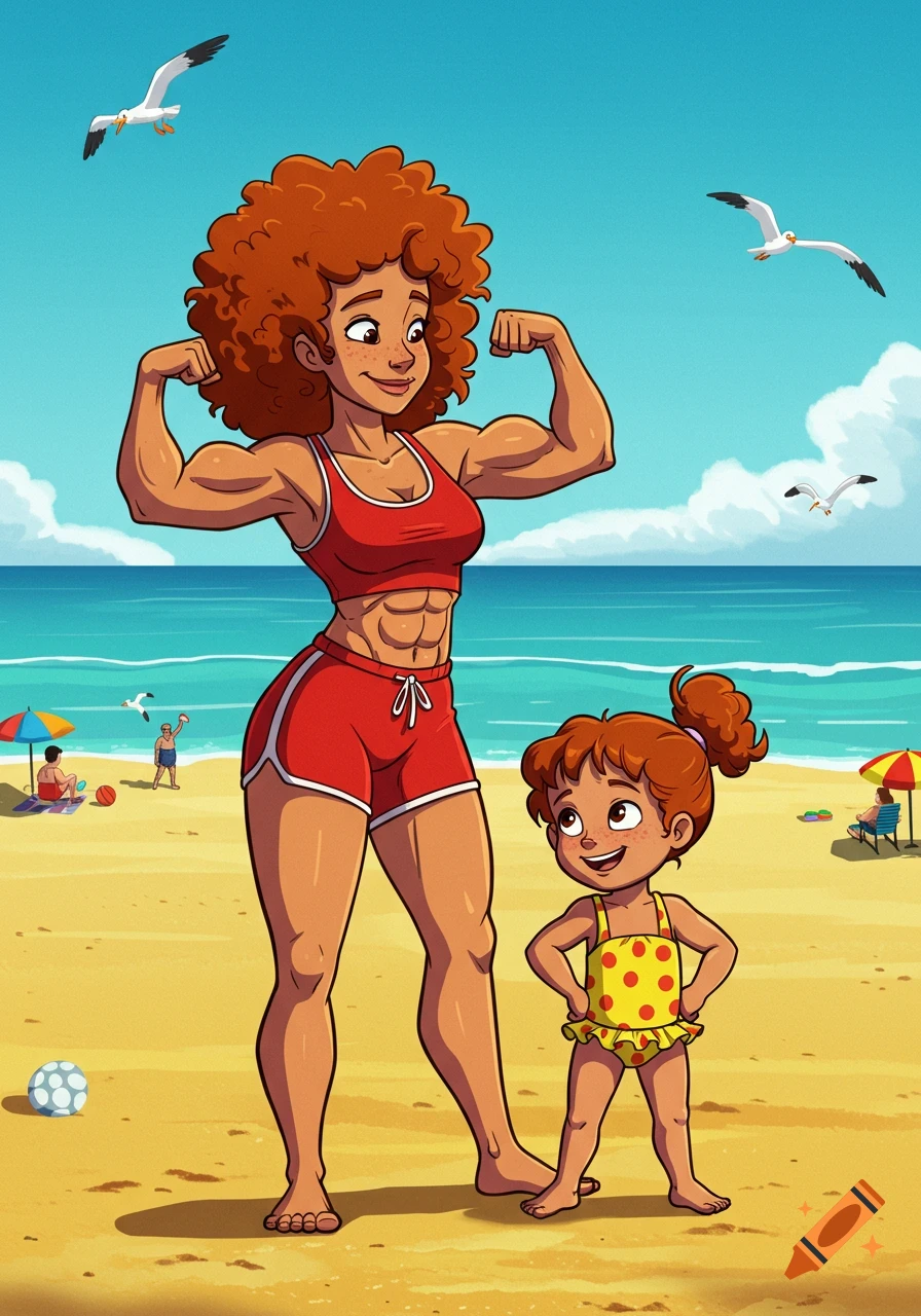 Cartoon of a muscular woman flexing at the beach while a young child looks up at her.