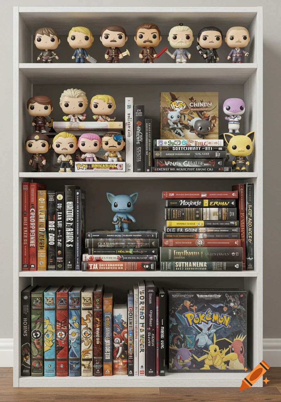 A white three-shelf bookcase filled with Pop! vinyl figures, various books, DVDs, and a large Pokemon box.