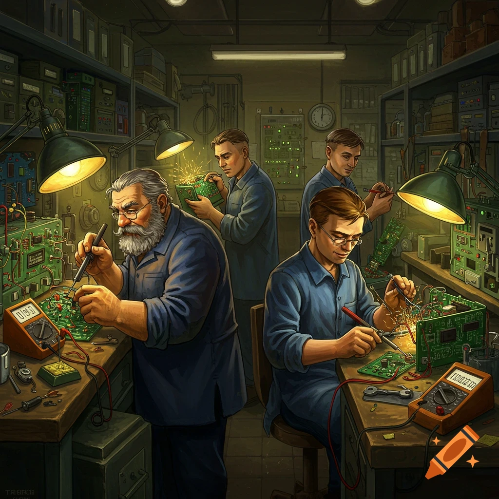 Four men in a dimly lit electronics workshop, one old with a beard soldering, others working on circuit boards under bright task lamps.