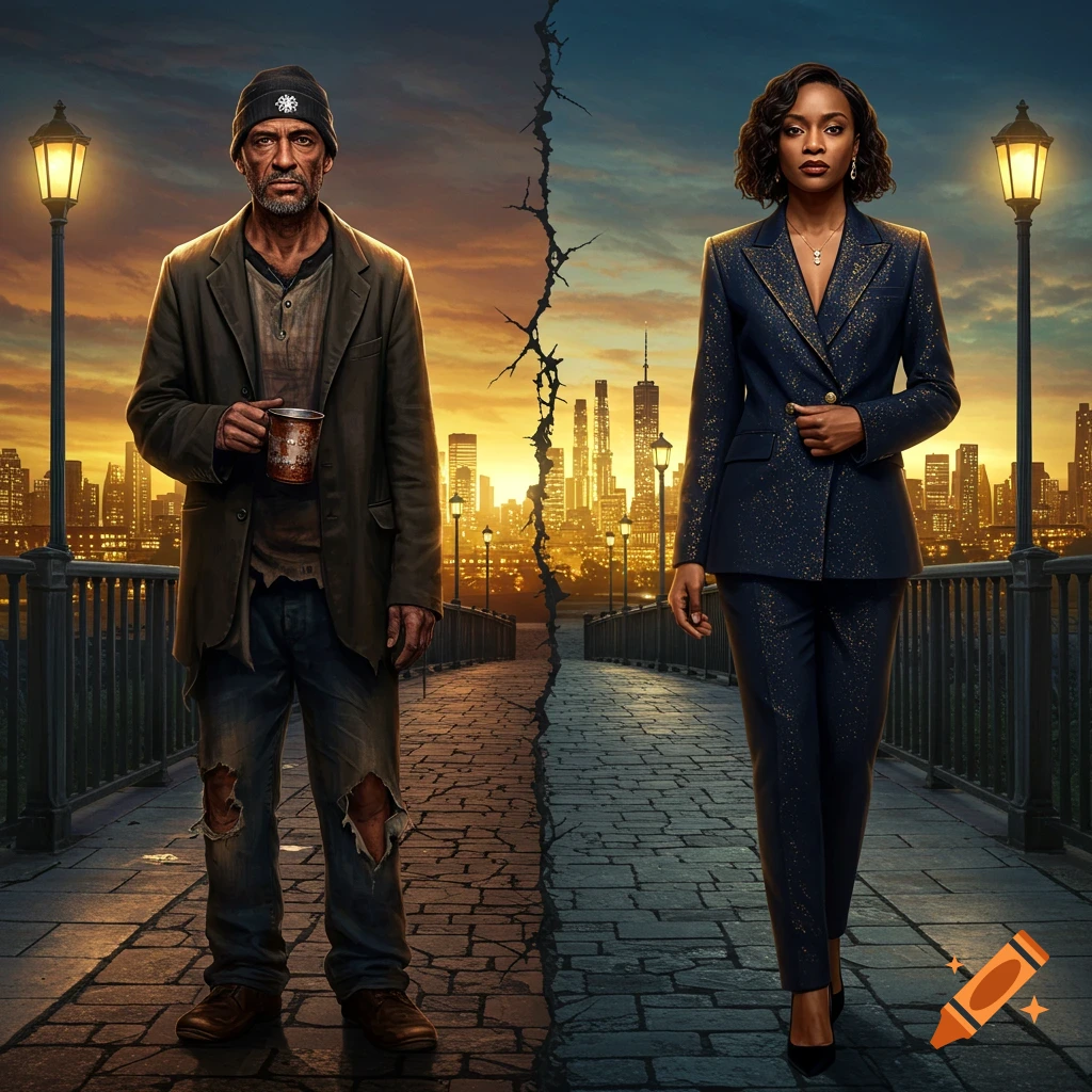 A man in ragged clothes and a woman in a suit stand on a cracked bridge with a city skyline at sunset, symbolizing social division.
