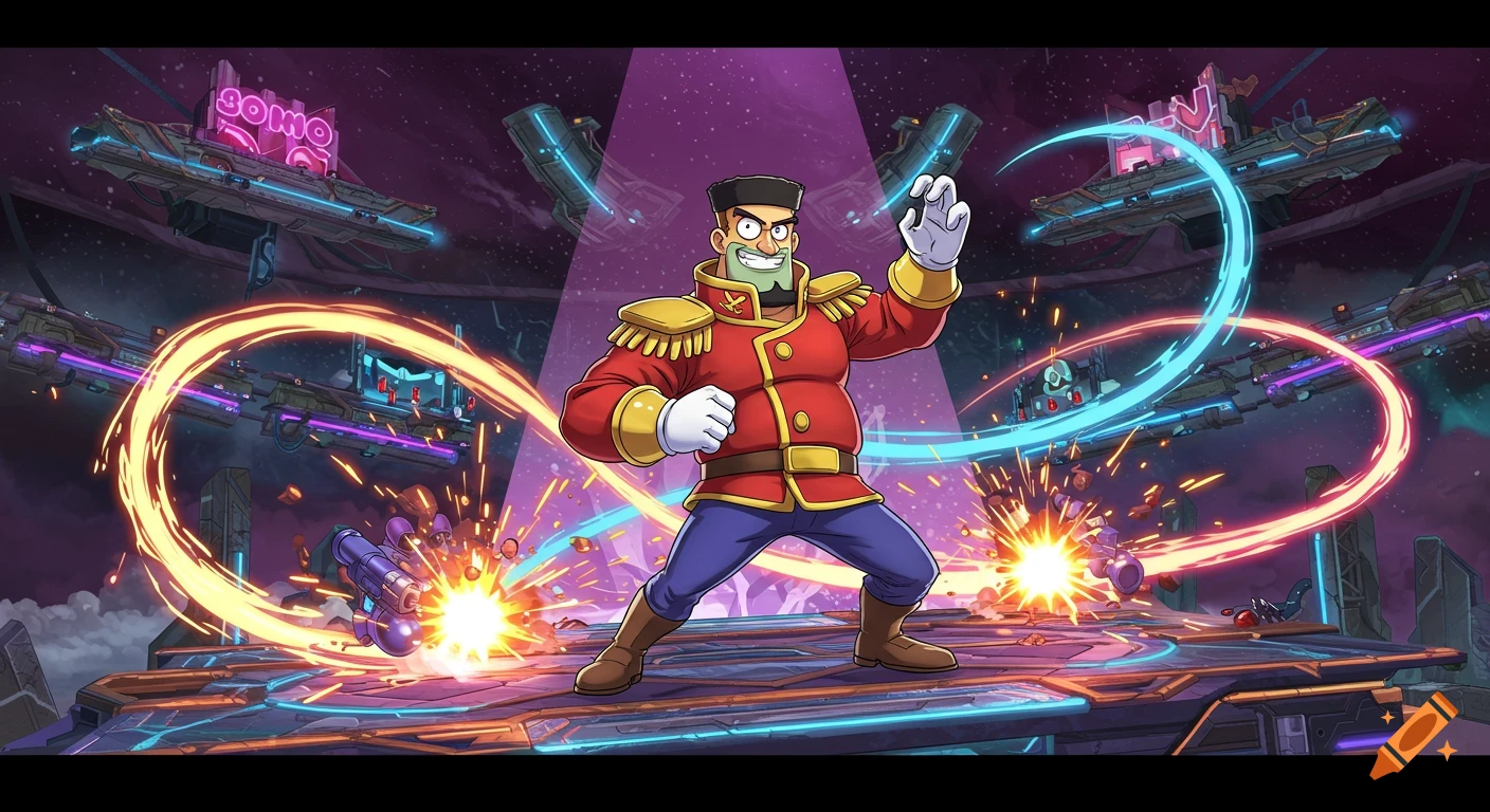 A cartoon character resembling Zapp Brannigan in a red military uniform poses on a futuristic fighting arena in space with neon lights and explosions.