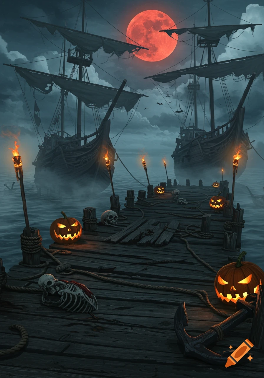 Spooky Halloween scene: glowing jack-o'-lanterns, skulls, and a skeleton on a dock with pirate ships under a blood-red moon.