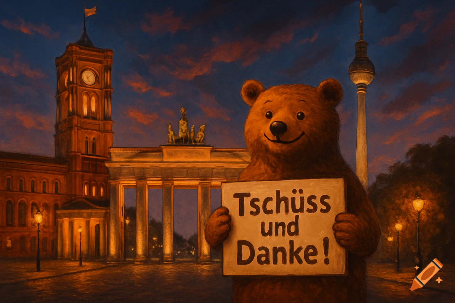 A smiling brown bear holds a sign saying "Tschüss und Danke!" in front of Berlin's Brandenburg Gate, Red City Hall, and TV Tower at dusk, in a painting style.