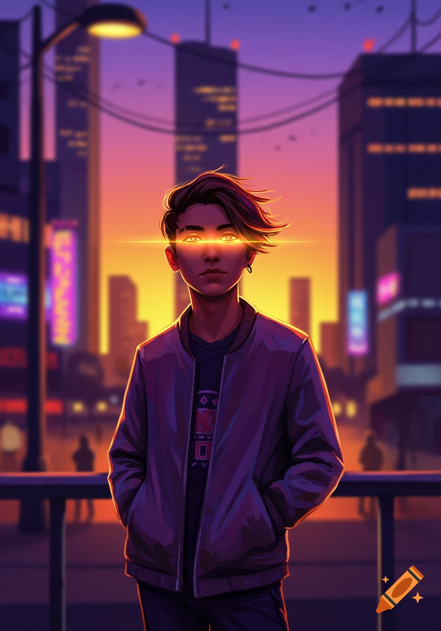 A stylized illustration of a person with glowing eyes in a neon-lit futuristic city at sunset.