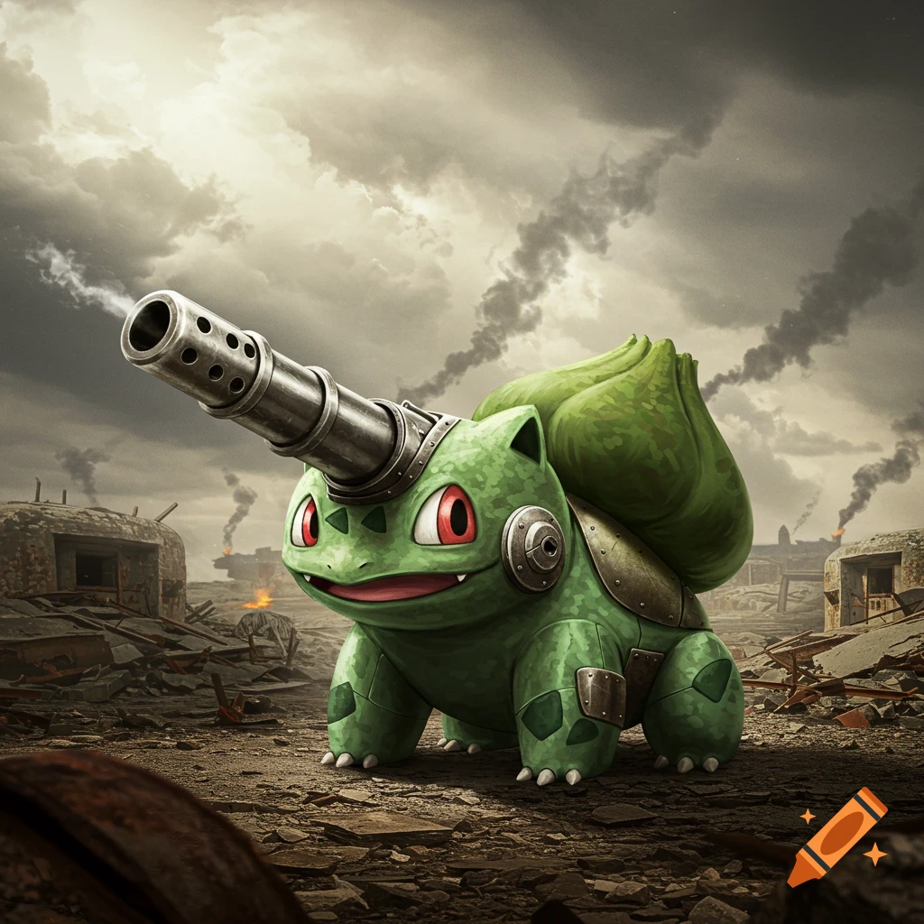 A Bulbasaur Pokemon with a tank cannon on its head and armor, standing in a war-torn battlefield under a cloudy sky.
