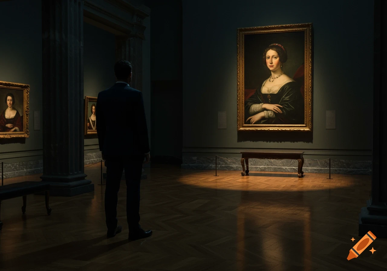 A lone man in a suit stands in a dark museum, looking at a classical portrait of a woman in a golden frame, lit by a spotlight.