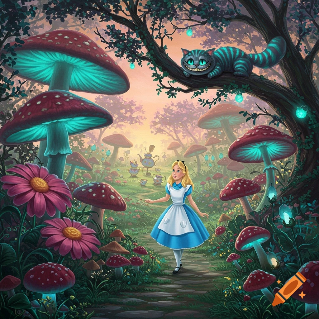 Alice walks through a vibrant, glowing mushroom forest with the Cheshire Cat perched in a tree, in a whimsical illustration.