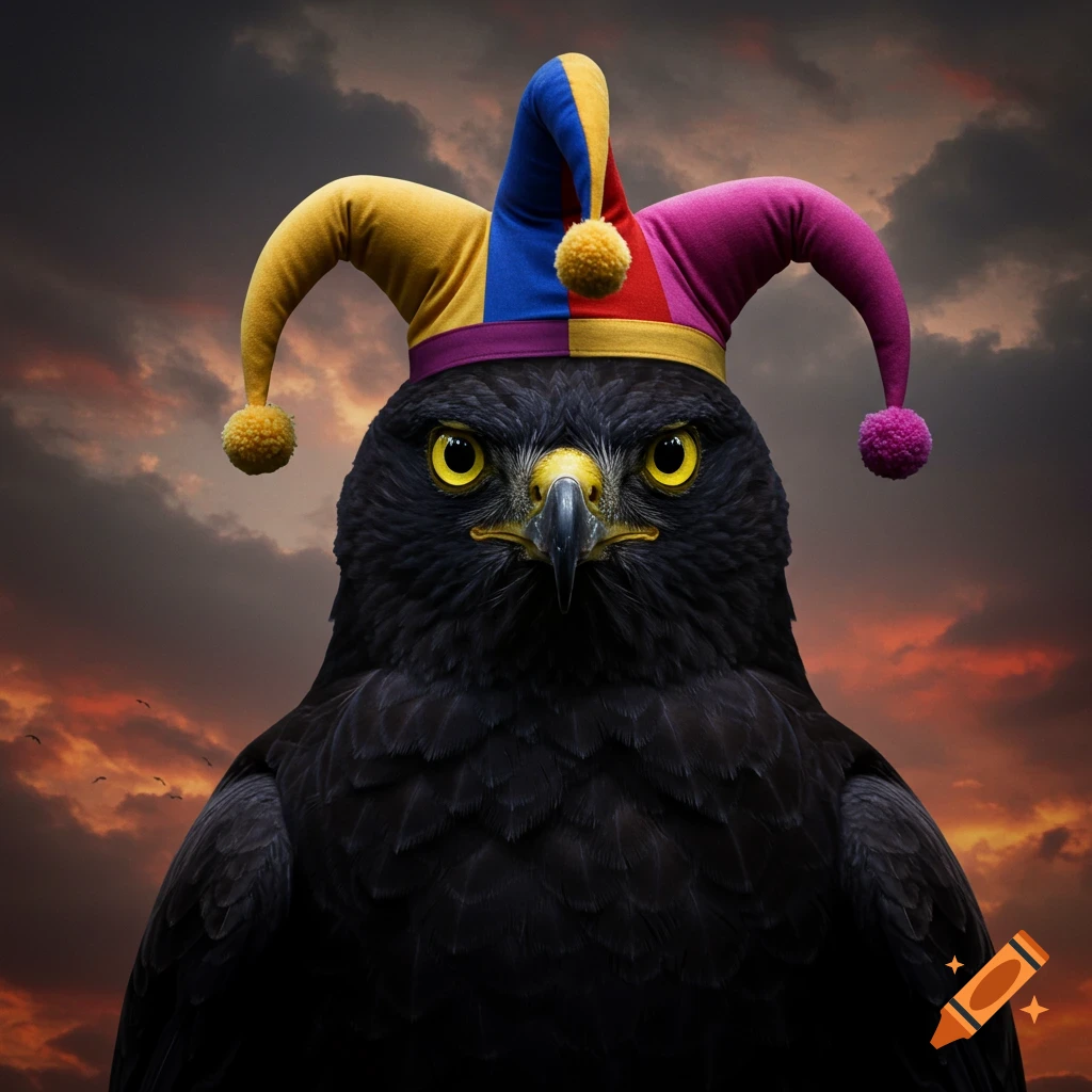 A close-up, photorealistic portrait of a black hawk wearing a colorful jester's hat against a dramatic cloudy sky.