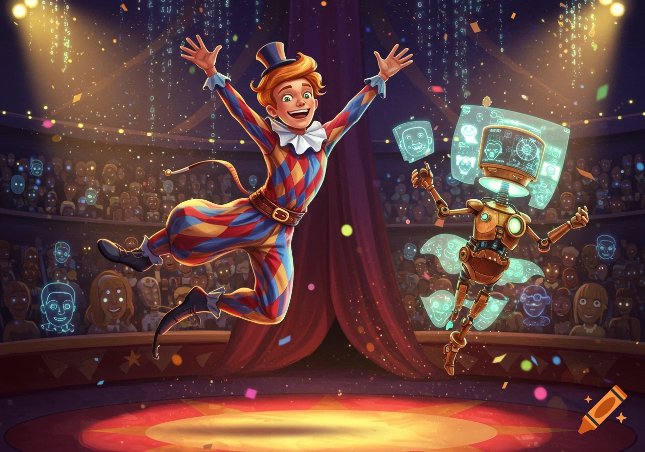 A cheerful harlequin clown leaps in a digital circus, performing alongside a screen-headed robot while binary rain falls.