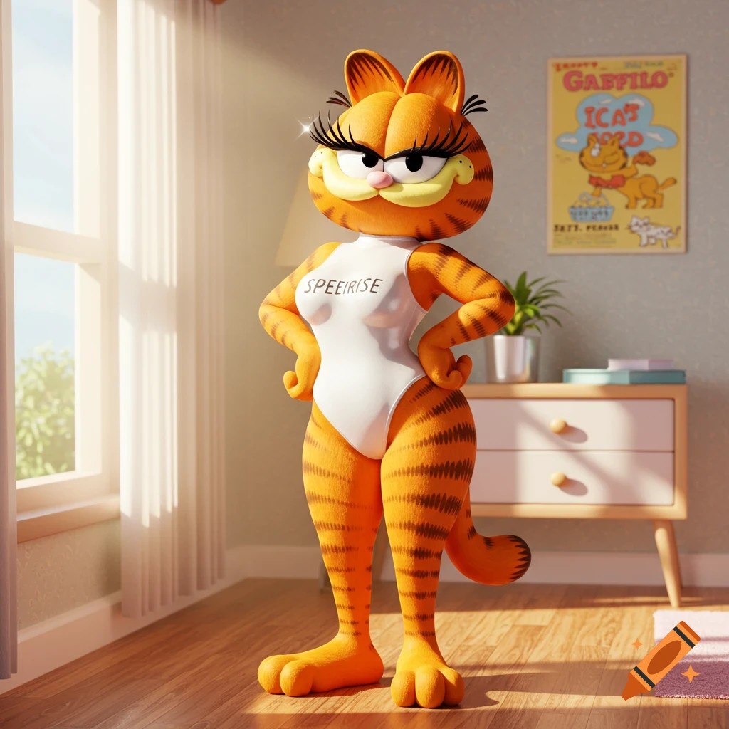 A feminized 3D render of Garfield with long eyelashes, wearing a white one-piece bodysuit, standing in a sunlit room.