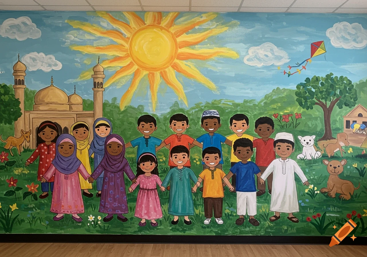 Colorful mural depicts diverse children holding hands in front of a mosque, sun, and landscape with animals.