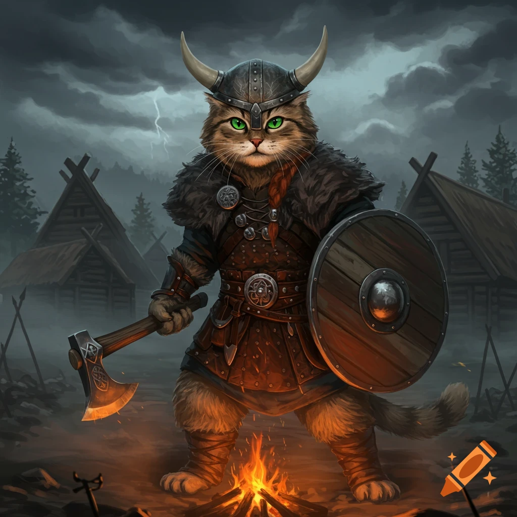 A fierce Viking cat with green eyes, in a horned helmet and armor, holding an axe and shield by a campfire in a stormy village.
