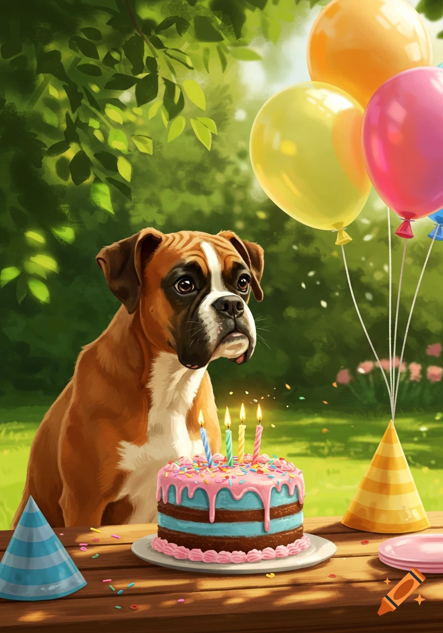 An illustrated boxer dog sits in front of a birthday cake with lit candles, party hats, and balloons outdoors.