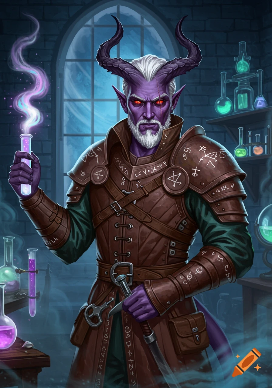 A purple-skinned Tiefling alchemist with horns and white hair holds a glowing test tube in a mystical lab.