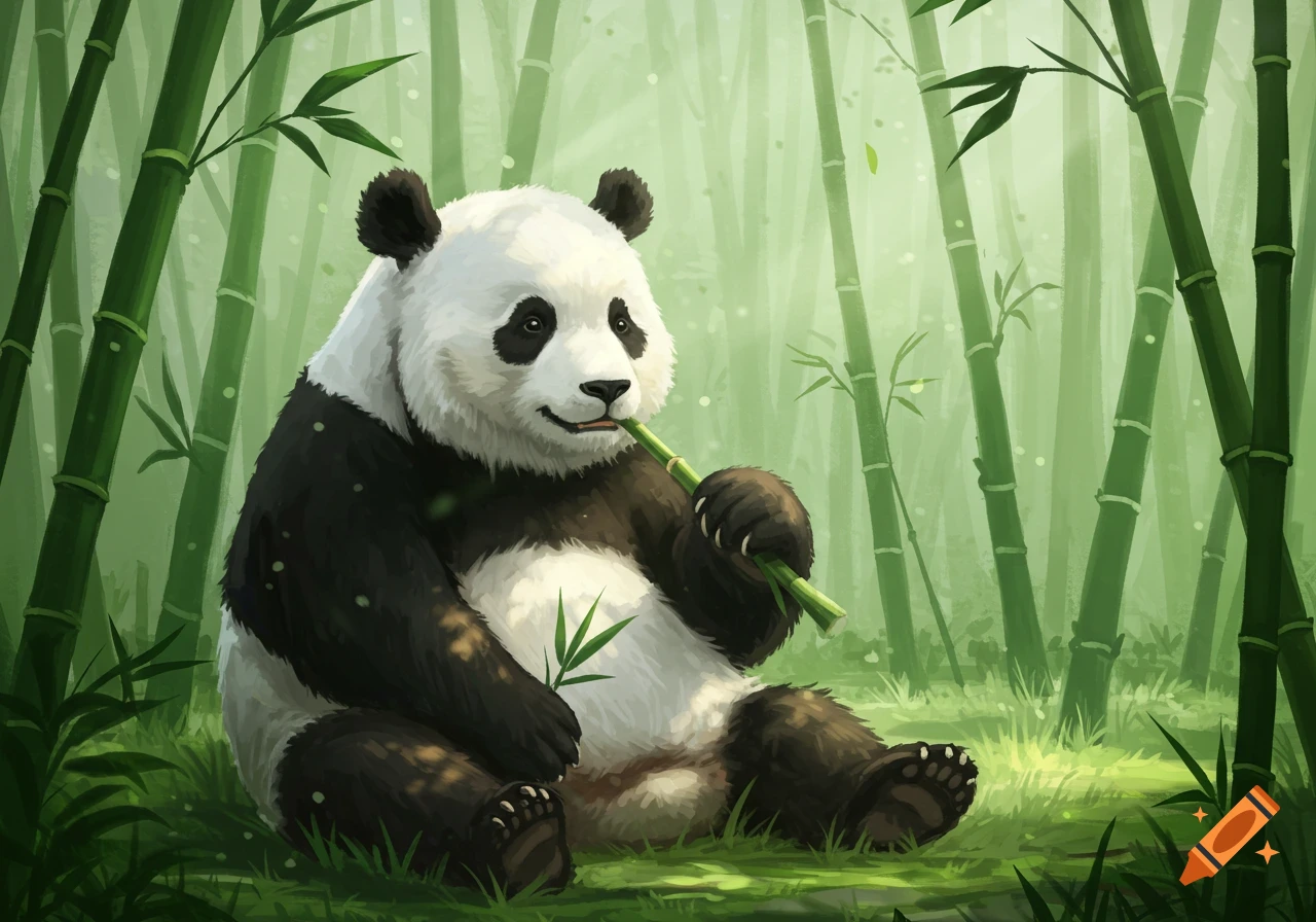 A smiling cartoon panda sits in a lush bamboo forest, happily eating a bamboo stalk.