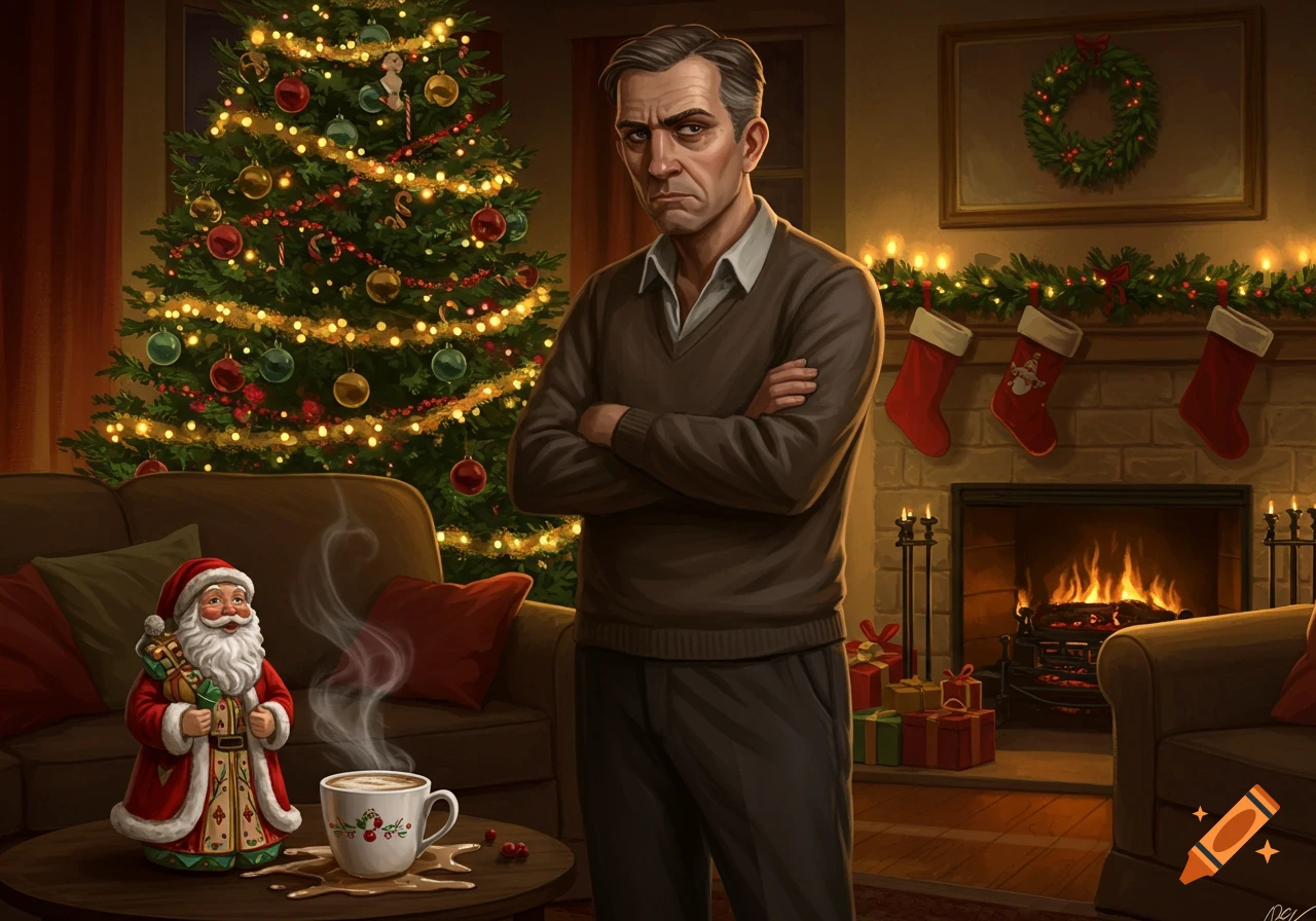 A grumpy man with arms crossed stands in a Christmas-decorated living room with a spilled coffee cup on a table next to a Santa figurine.