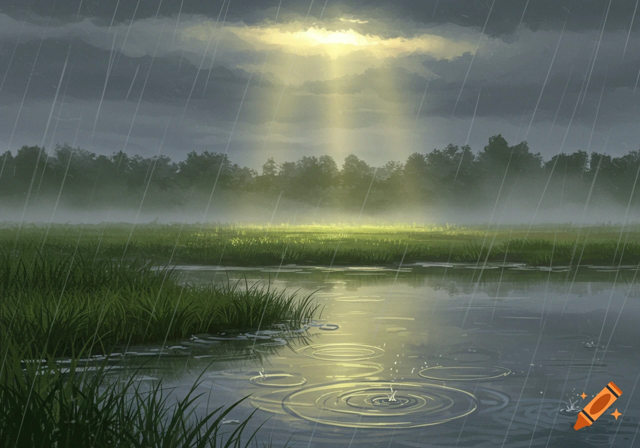 Digital painting of a rainy landscape with sunbeams breaking through dark clouds over a lake, grassy field, and forest.
