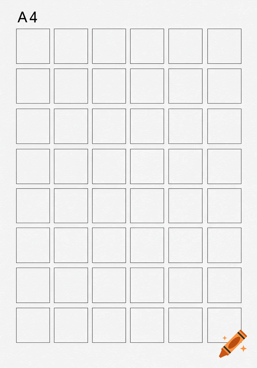 A white A4 page with a grid of 36 empty squares outlined with thin black borders, neatly arranged in columns and rows.