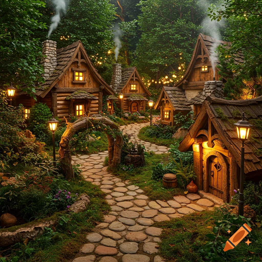 A charming, rustic fairy tale village nestled in a lush forest, with glowing wooden houses, cobbled paths, and lampposts under string lights.