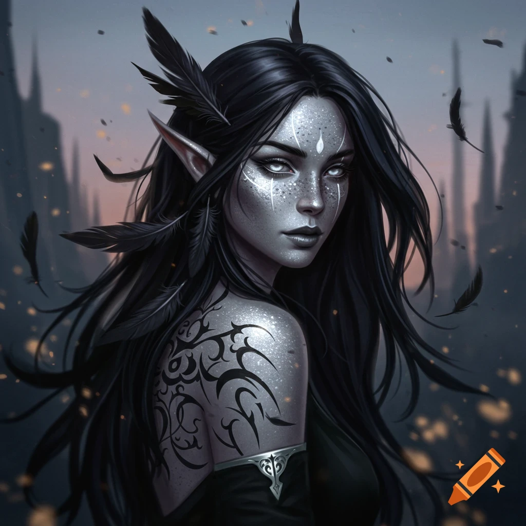 A female cleric with pale silvery skin, metallic freckles, grey eyes, long black hair with feathers, and a tribal tattoo on her shoulder, in a dark fantasy illustration.
