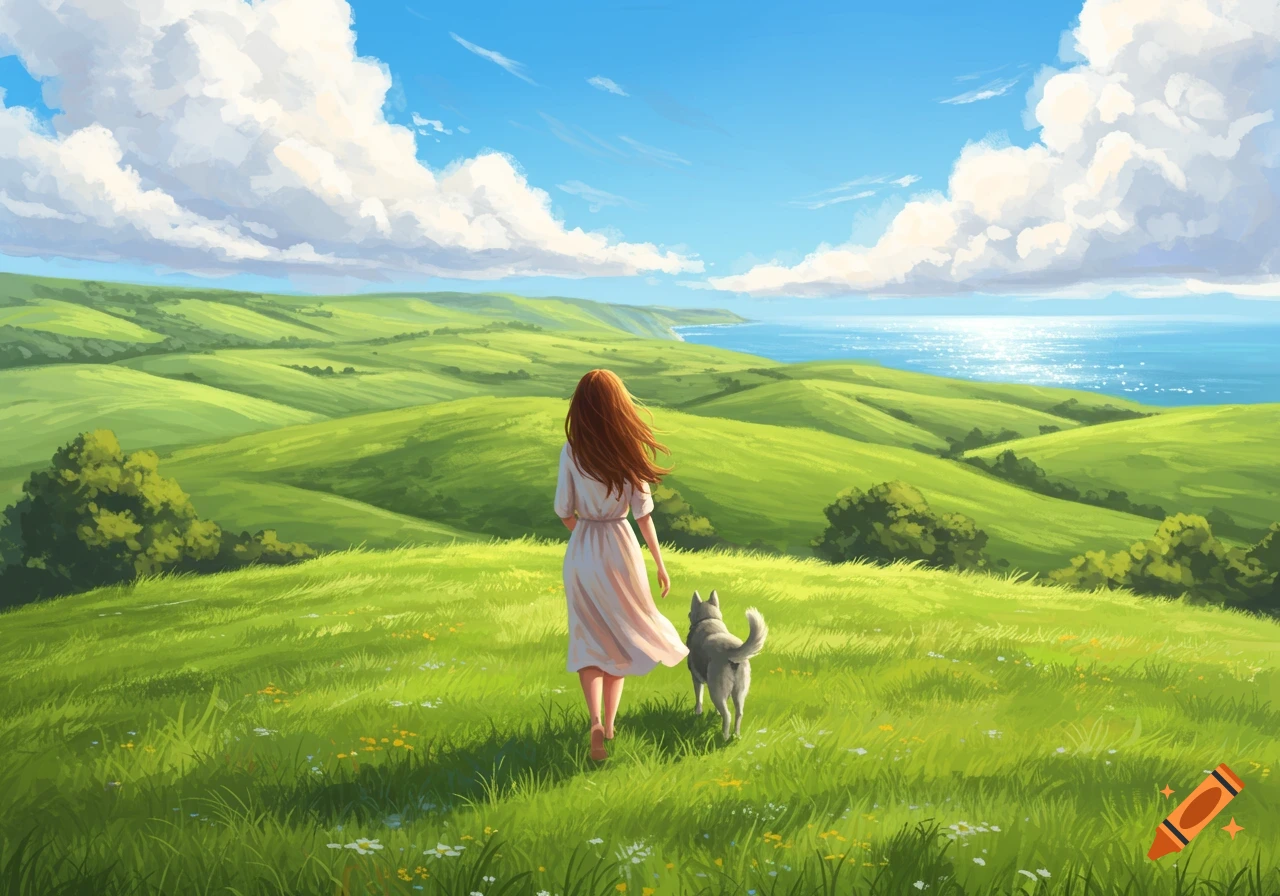 An anime-style painting of a woman and her grey dog walking through rolling green hills towards a sparkling blue sea under a sunny, cloudy sky.