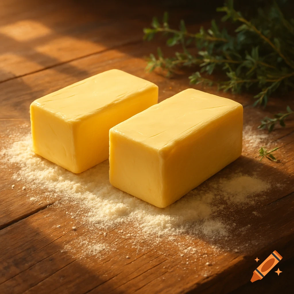 Two sticks of butter on a wooden table with scattered flour and greenery, lit by warm sunlight.