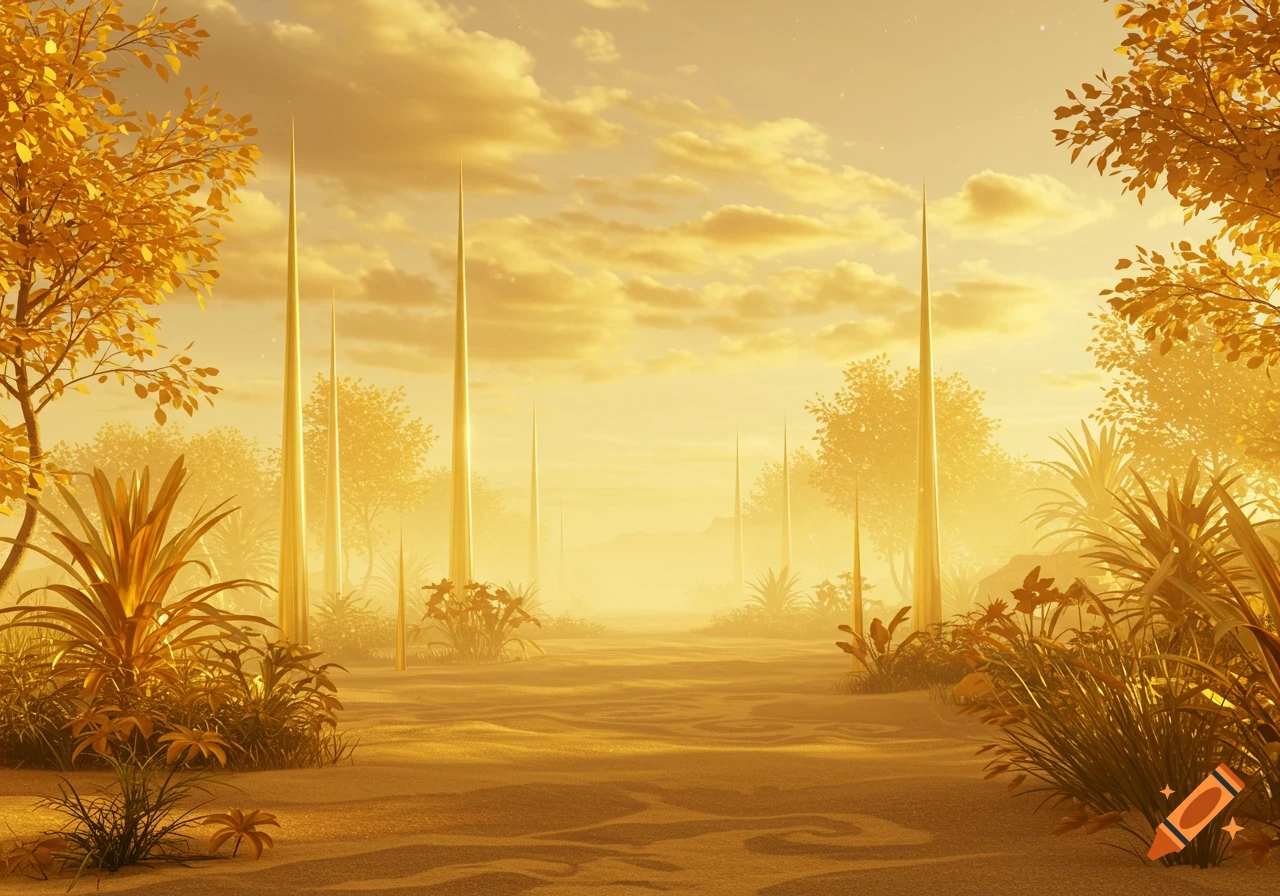 A radiant golden fantasy landscape with tall spires, golden trees, and lush foliage under a misty, illuminated sky.