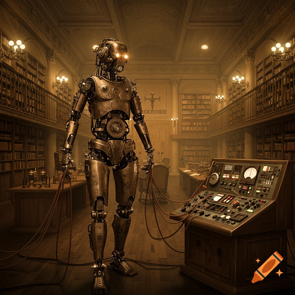 A steampunk robot with glowing eyes stands in a grand, dimly lit library, connected by wires to a complex vintage control panel.