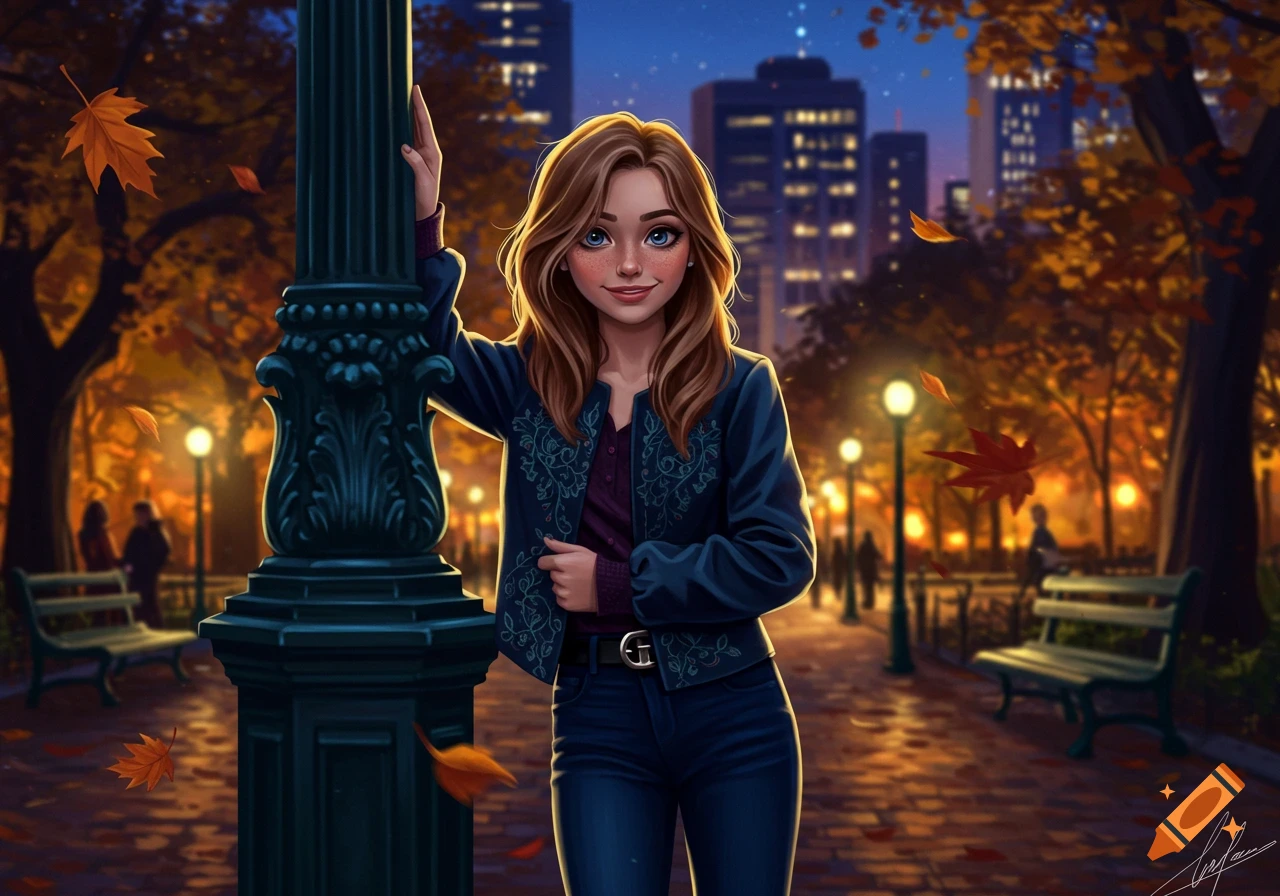 An illustrated young woman smiles, leaning on a lamppost in a vibrant autumn park with fall leaves and a city skyline at dusk.