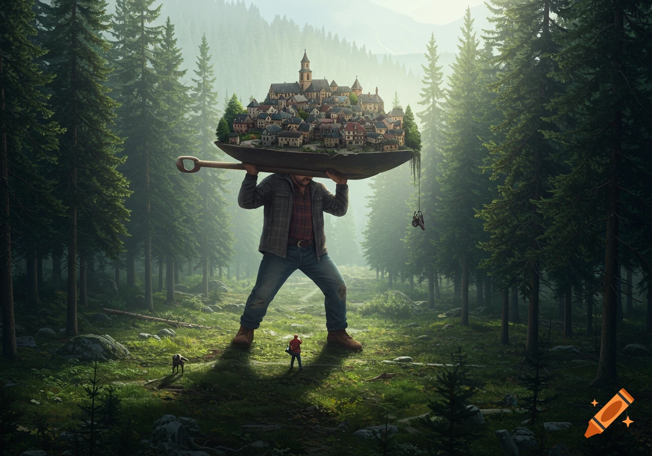 A giant man carries a miniature town on a shovel through a mystical spruce forest, with a small figure observing below.