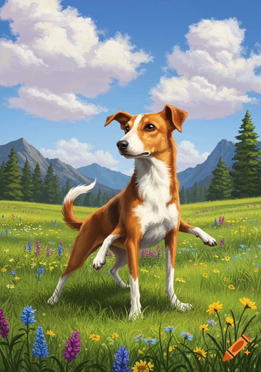 A brown and white dog with five legs stands in a vibrant flower meadow with mountains and trees under a blue sky, digital art.