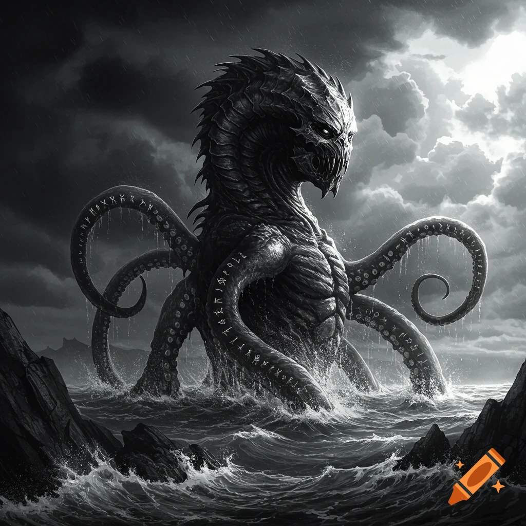 A massive, ominous black and white Lovecraftian sea creature with tentacles emerges from stormy waters under a cloudy sky.