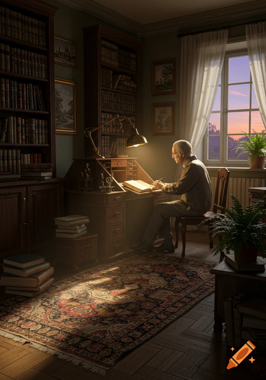 An elderly man sits at a wooden desk in a cozy library, reading a book by the light of a desk lamp, with a sunset visible through a window. Photorealistic style.
