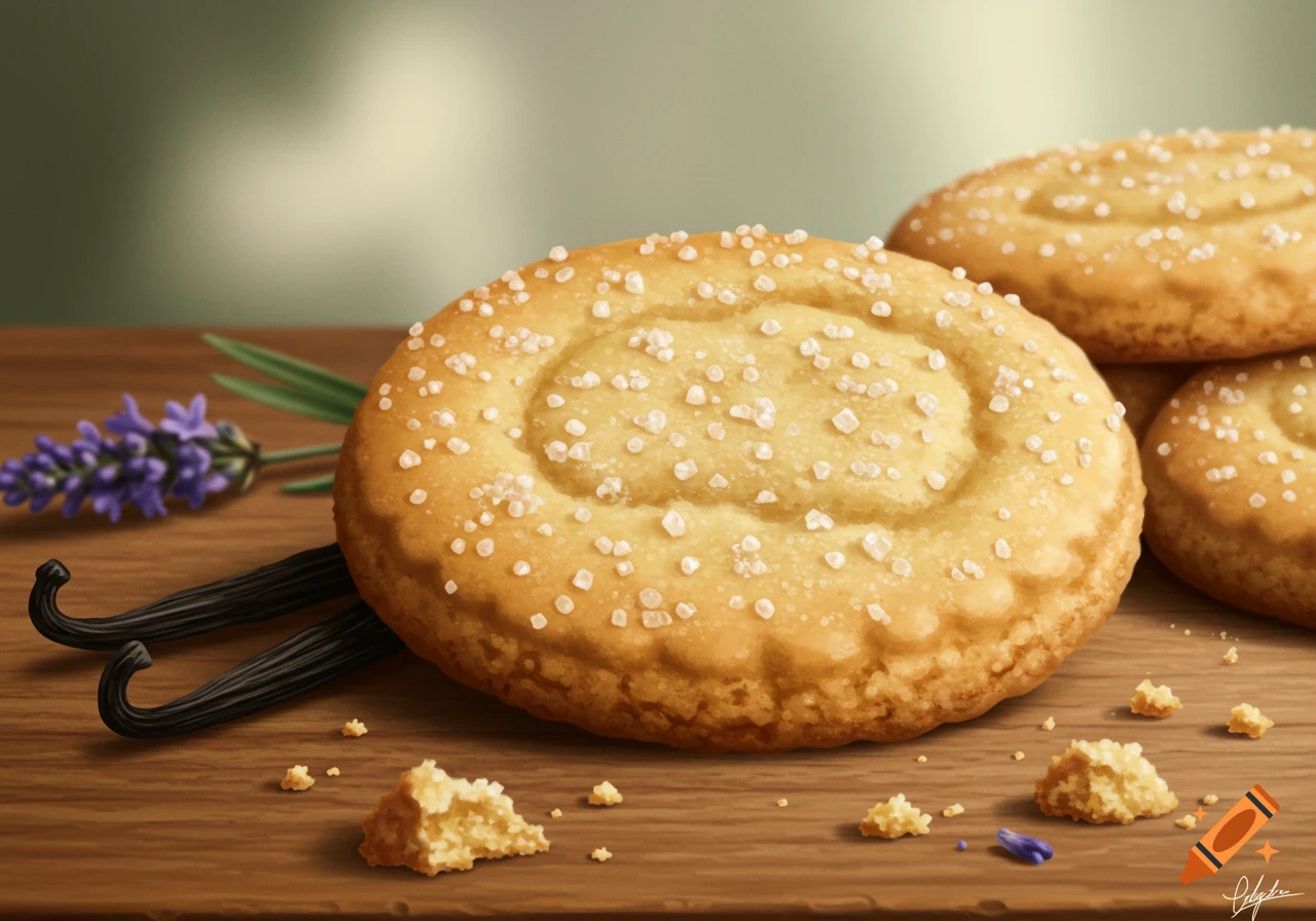 Close-up of golden sugar cookies with sugar crystals, vanilla beans, and lavender on a wooden table.
