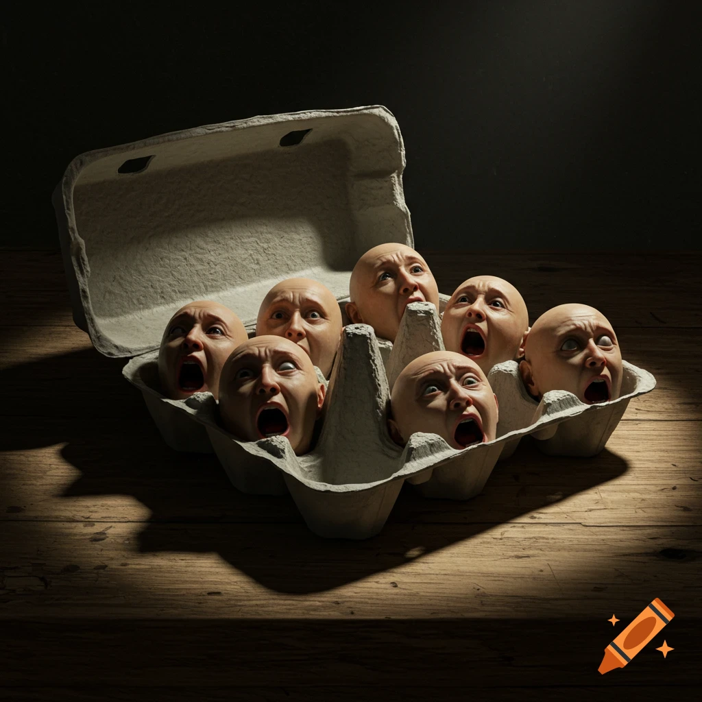 An open egg carton filled with bald, screaming human heads sits on a dark wooden table, dramatically lit.