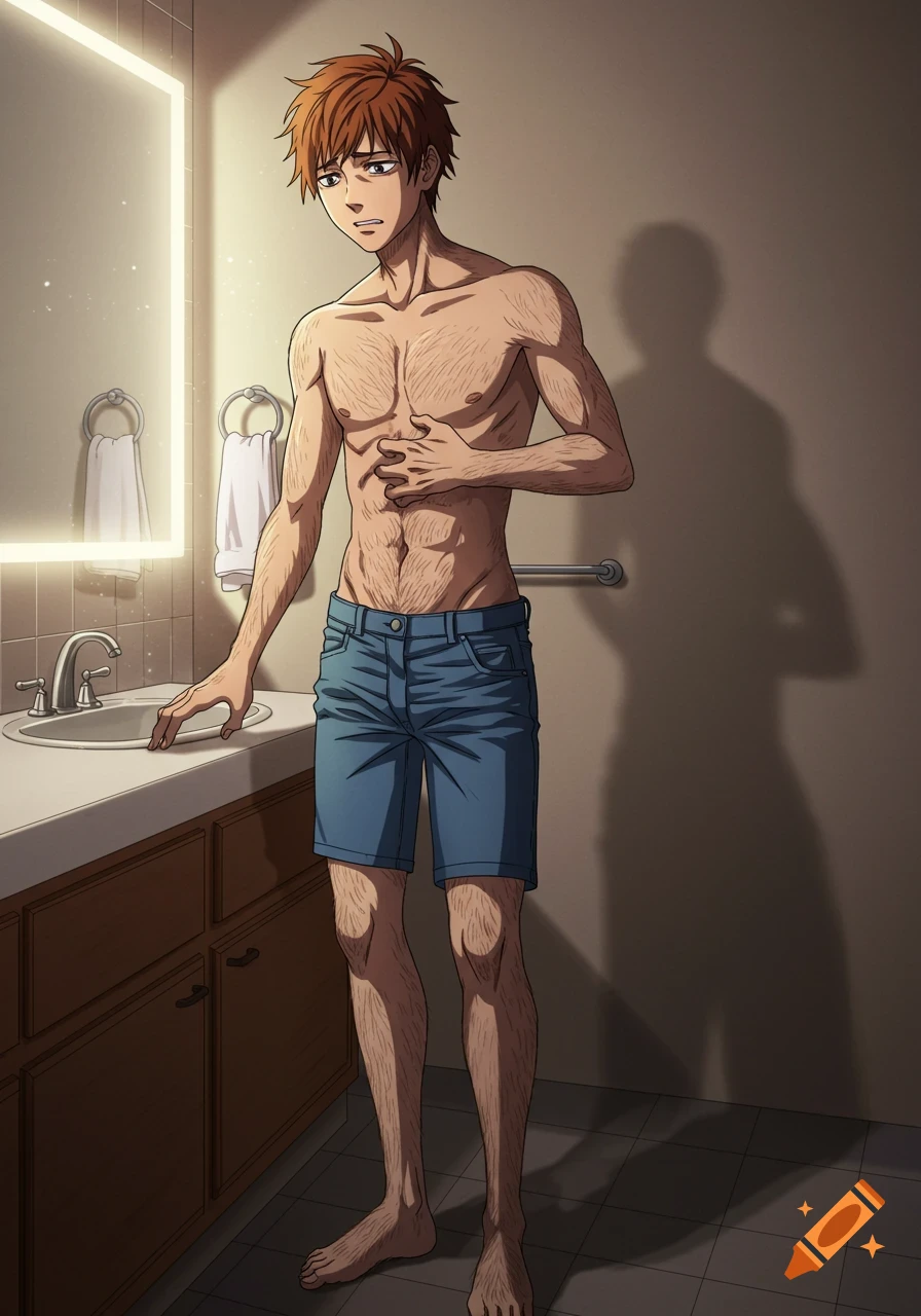 An anime-style image of a distressed, shirtless man with coarse body hair in jean shorts, itching his torso in front of a bathroom mirror.