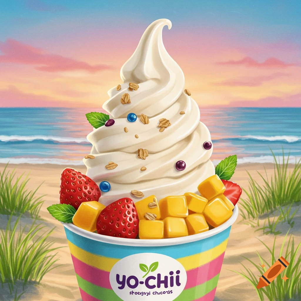 A colorful cup of Yo-Chi frozen yogurt topped with strawberries, mango cubes, blueberries, and granola, set on a sandy beach with ocean and sunset in the background.