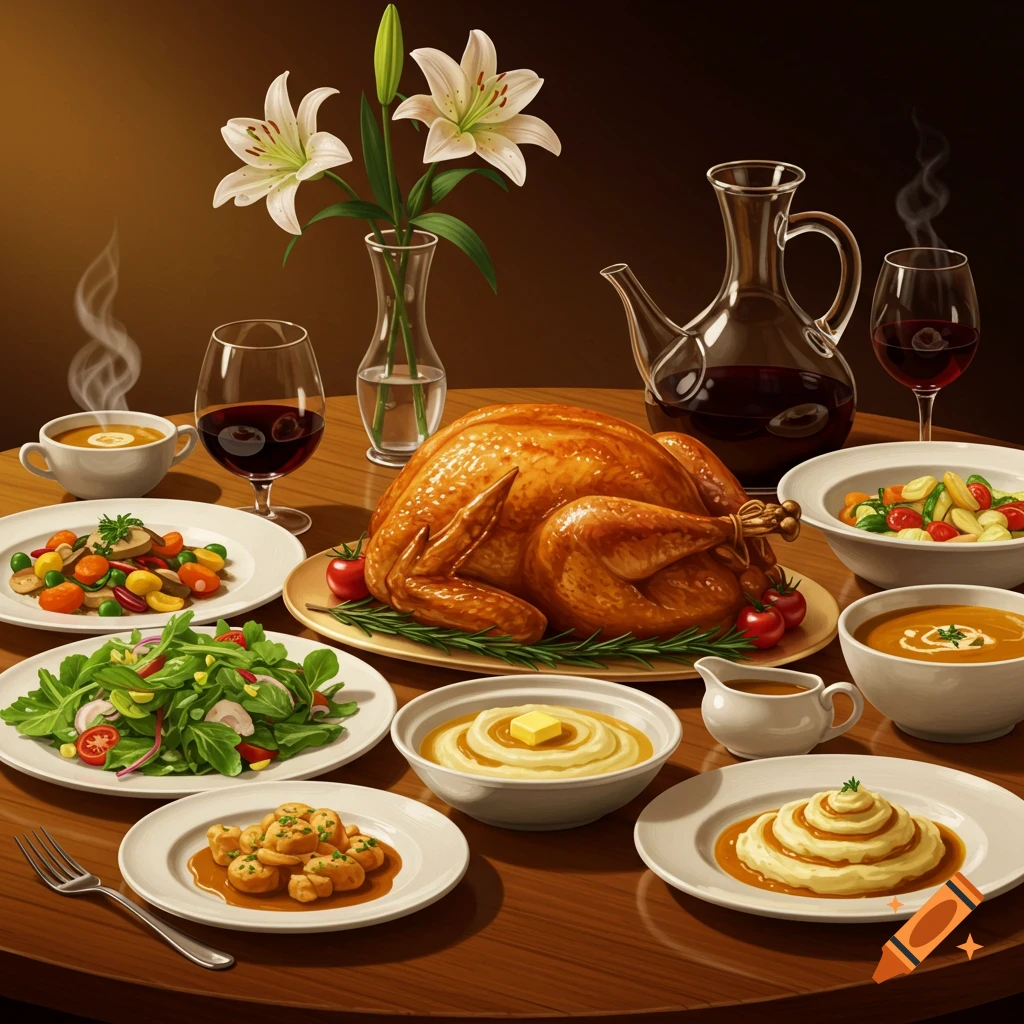A warm-toned close-up of a festive dinner table with a roasted turkey, mashed potatoes, salad, side dishes, wine, and white lilies.