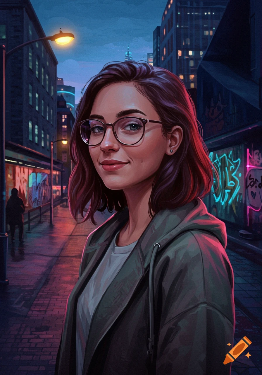 Digital art portrait of a smiling woman with glasses in a neon-lit urban alley at night.