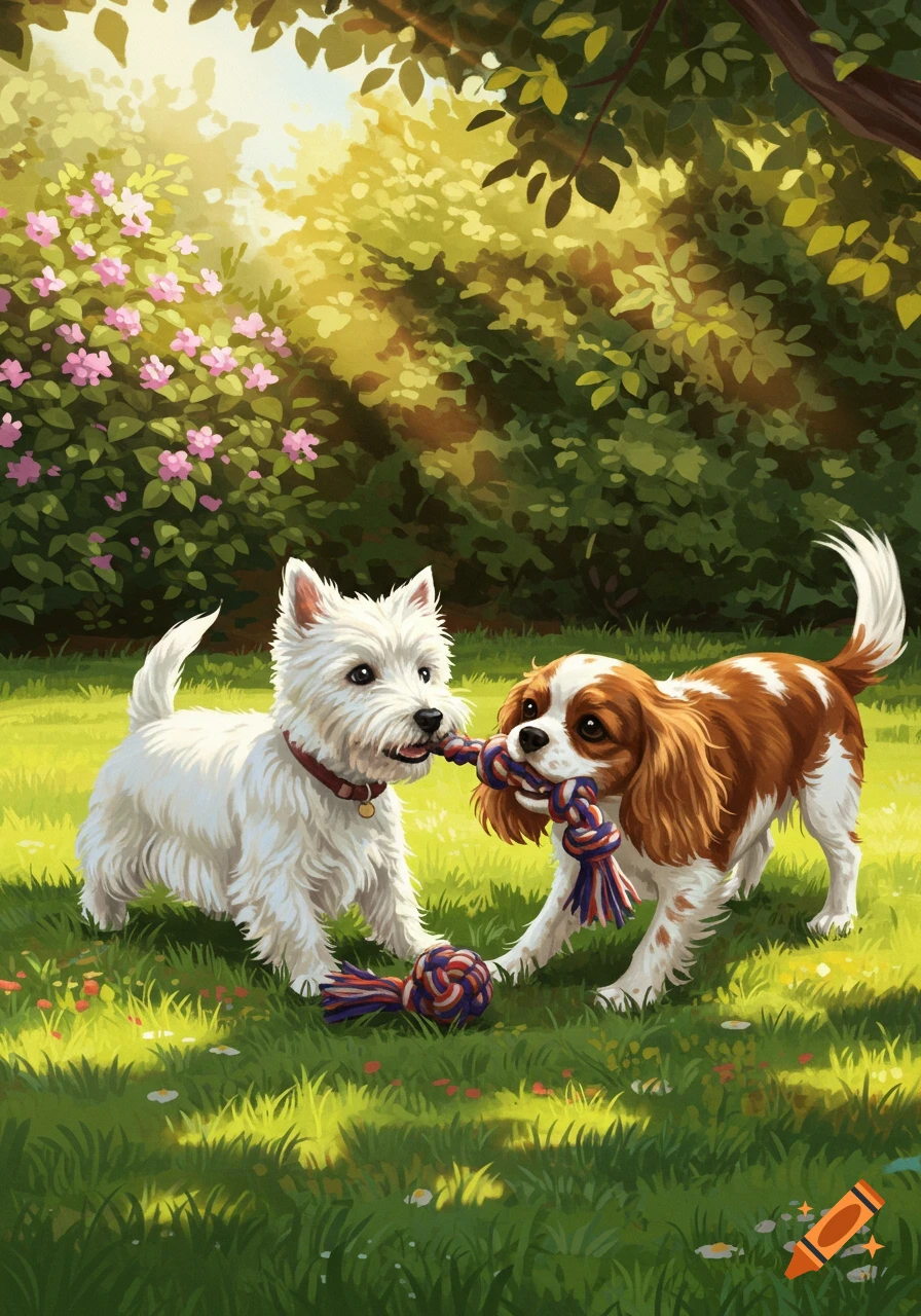 An illustration of a white Westie and a brown and white King Charles Spaniel playing tug-of-war with a rope toy in a sunny park.