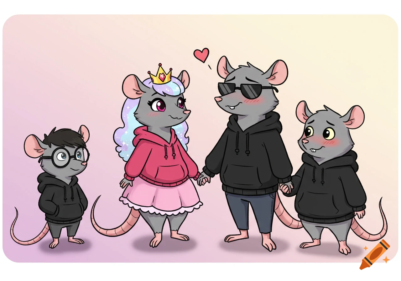 A family of four cartoon rats, two adults holding hands with a heart above, and two smaller rats, on a pastel background.