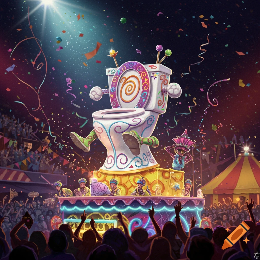 A giant, highly decorated, anthropomorphic toilet on a vibrant parade float, with arms and legs, performing for a cheering crowd under falling confetti.