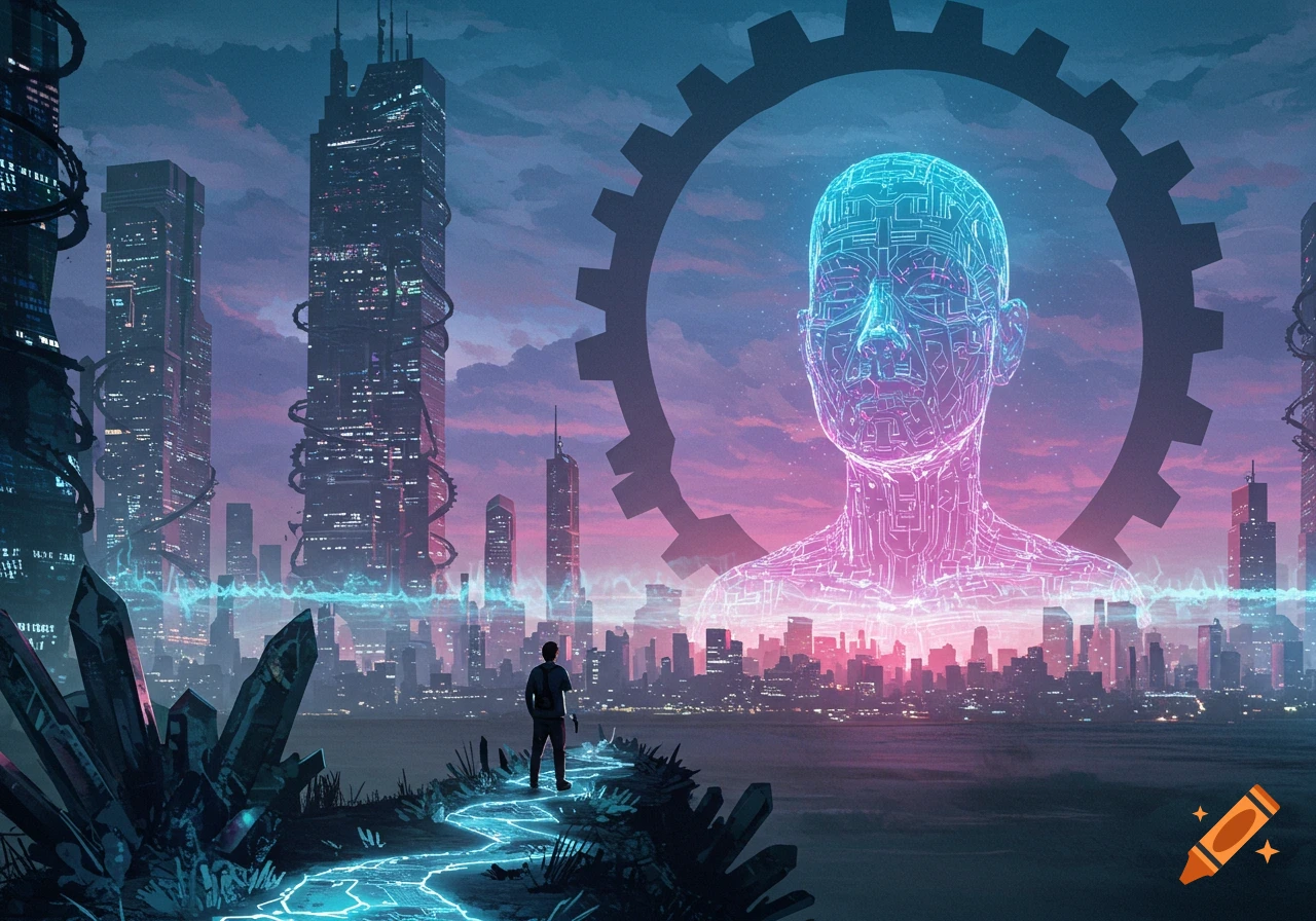 A lone figure on a glowing path approaches a giant holographic wireframe AI head above a futuristic cyberpunk city at twilight.