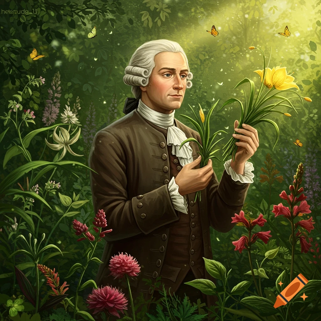 A man in a white wig and brown coat holds yellow flowers in a lush, green garden with butterflies.